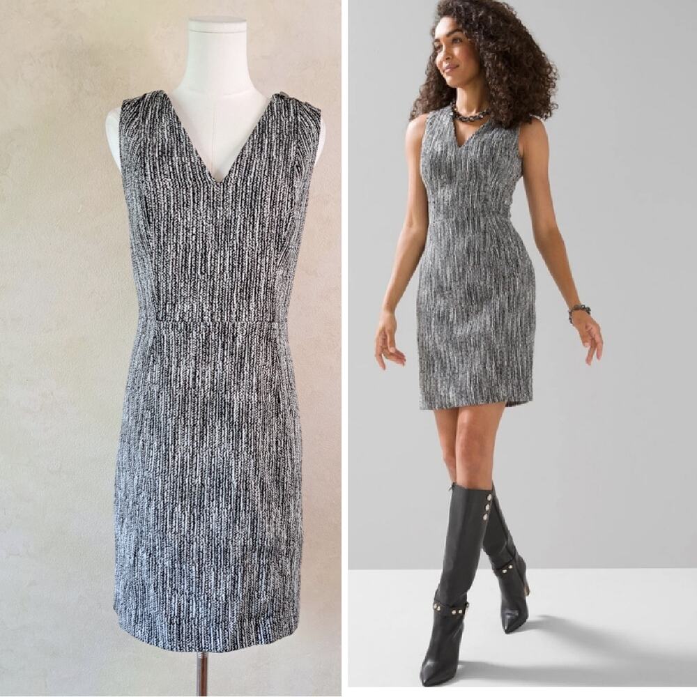 WHITE HOUSE BLACK MARKET Sheath Dress Size 12 Black White Tweed Boucle V Neck